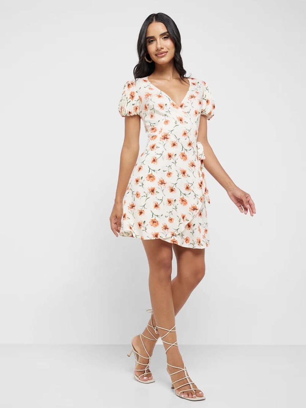 FOREVER 21 Floral Wrap Dress in Cream and Orange Print with Tie Waist - Picture 3 of 12